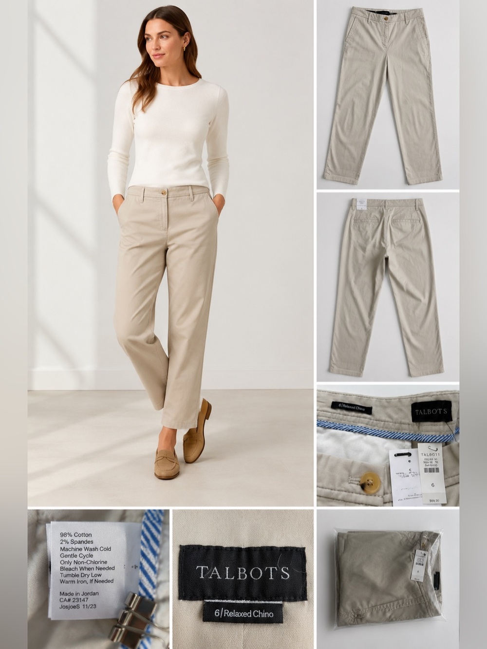 Talbots Relaxed Chino Pants NWT Size 6 Beige Khaki Cotton Stretch Straight Leg